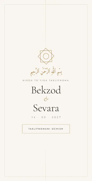 Nur — oq va oltin rangli, basmalali nikoh taklifnomasi shabloni