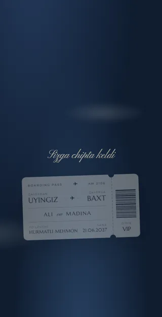 Muhabbat reysi — to'q ko'k, aviachipta uslubidagi to'y taklifnomasi shabloni