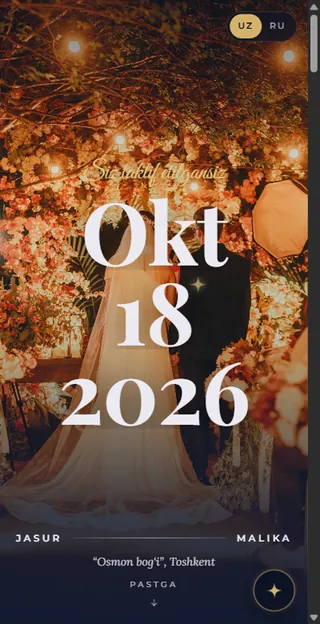 Yulduzlar ostida — to'q ko'k va oltin rangli, teleskop kirishli to'y taklifnomasi shabloni